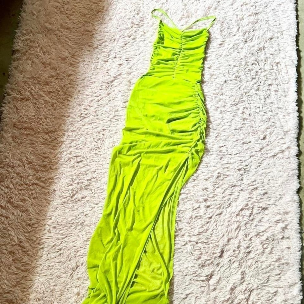 Neon Green Y2K Sheer Backless Ruched Corset Romper Maxi Dress Womens S Statement